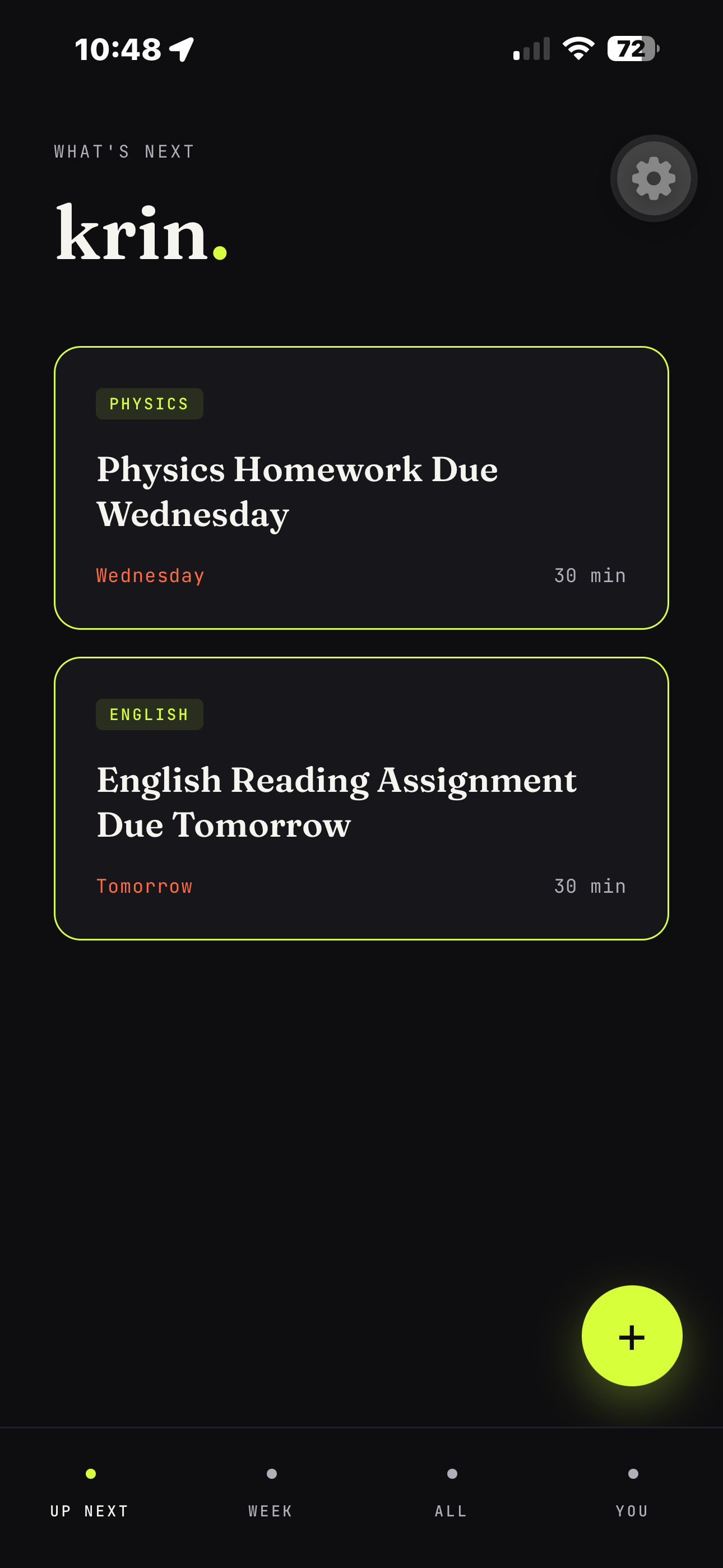 Krin app — up next screen showing homework tasks